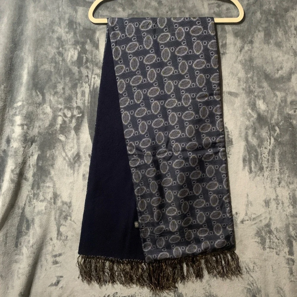 Barneys New York Scarf Mens Silk Wool Reversible Navy Blue Geometric Italy Made